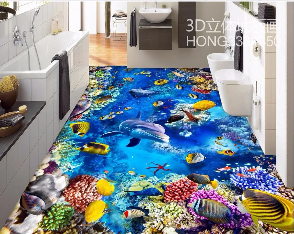 3d flooring Underwater World Dolphin Coral 3D Floor waterproof wallpaper for bathroom wall 3d floor painting wallpaper