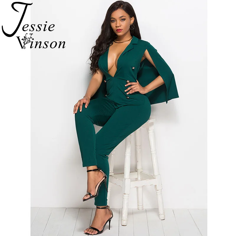 Женский комбинезон на пуговицах Jessie Vinson черный облегающий с глубоким v-образным