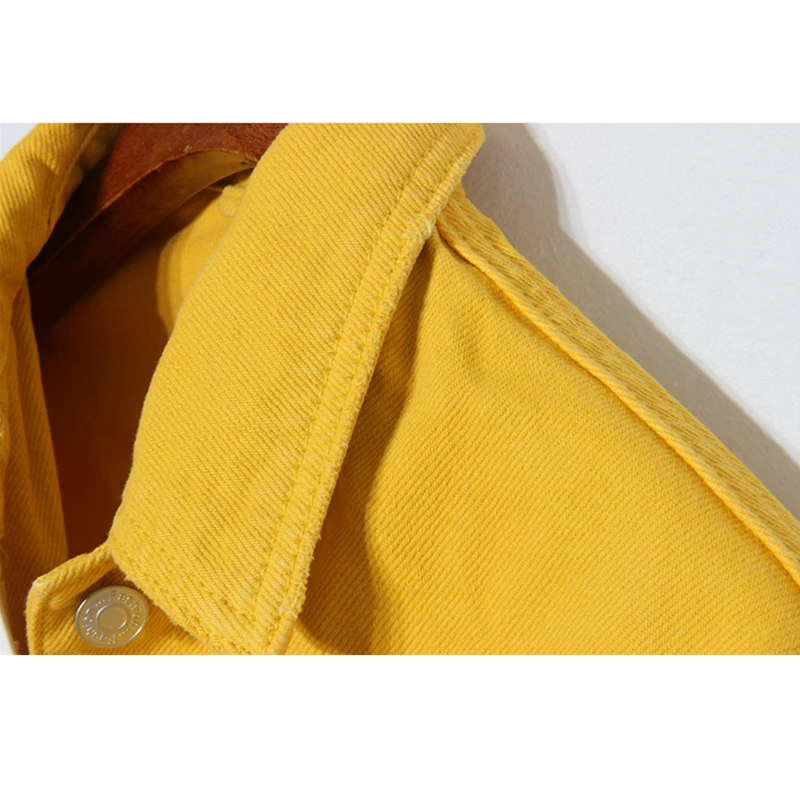 Women High Waist Basic Versatile Fashion Yellow Denim Jacket Long sleeve Jeans Short Coat Big size Loose Outerwear | Женская одежда