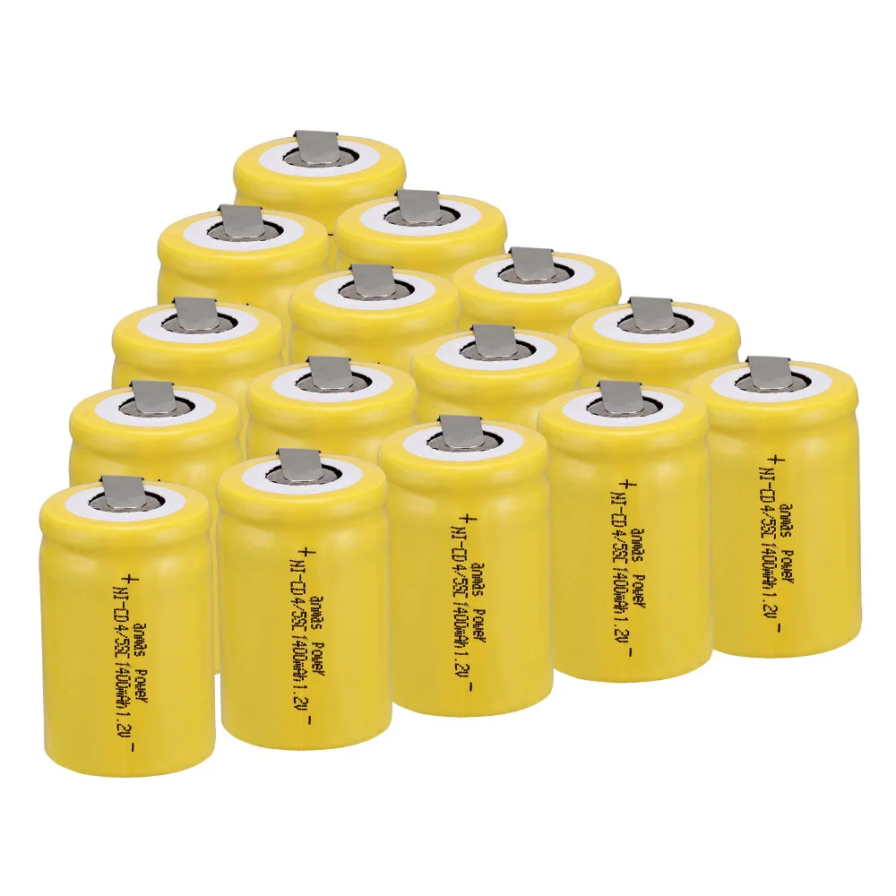 

Anmas power! 15 PCS Ni-Cd 4/5 SubC Sub C battery Rechargeable Battery 1.2V 1400mAh with Tab 3.3cm x 2.2cm-yellow color