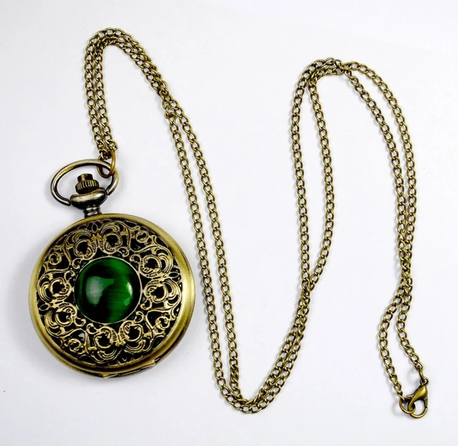 PA009 женское зеленое ожерелье винтажная Мода Изумрудный камень карманные часы