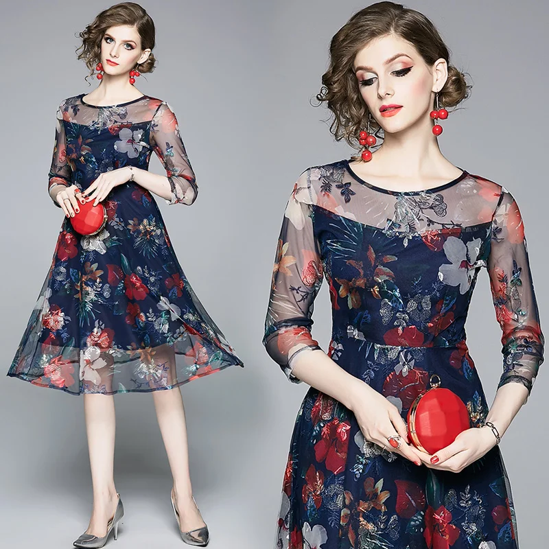 Trytree/летнее женское платье с элегантным круглым вырезом и принтом темно-синие
