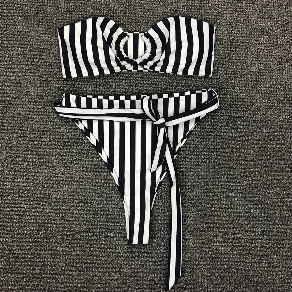 Комплект бикини в полоску сексуальный купальник бандо красный черный женский с