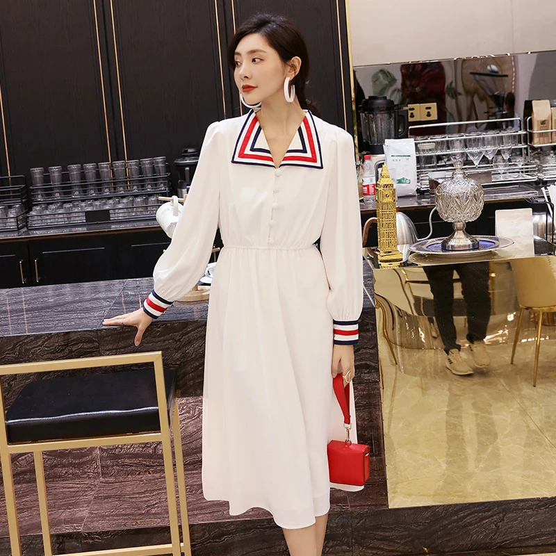 YIGELILA Women White Dress Summer Fashion Elegant V-neck Full Sleeve Empire Slim Midi 64769 | Женская одежда