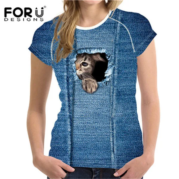FORUDESIGNS/футболка с милым котом для женщин, Летний стиль, короткий рукав, женские футболки, 3D черный деним, с карманом, футболки для девочек, ropa mujer - Цвет: H316BV