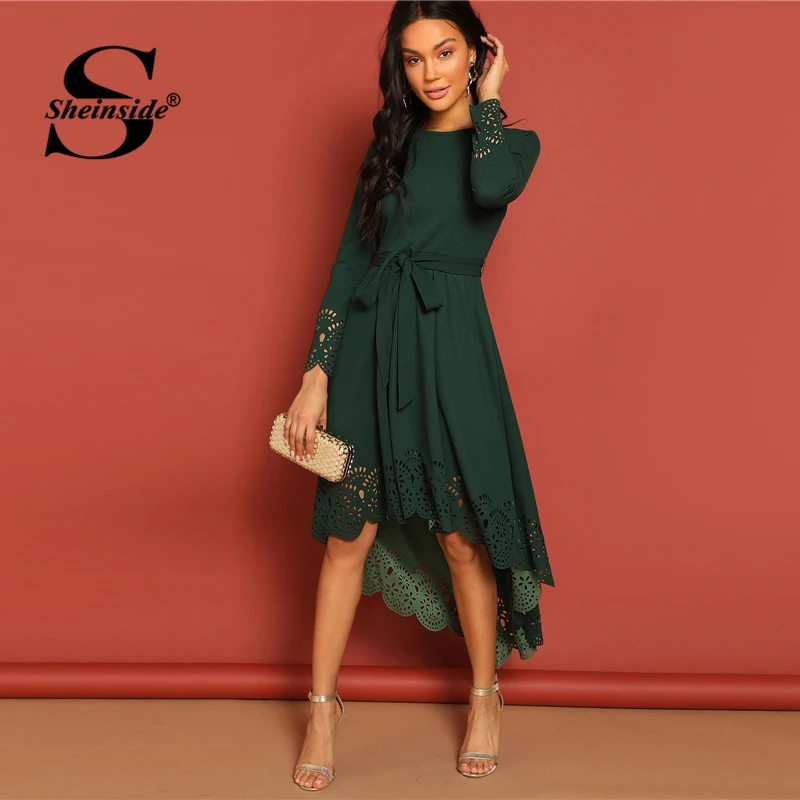 Sheinside Scallop выдолбленные вечерние женские платья весенние элегантные однотонные платья с поясом повседневное асимметричное платье трапециевидной формы с подолом