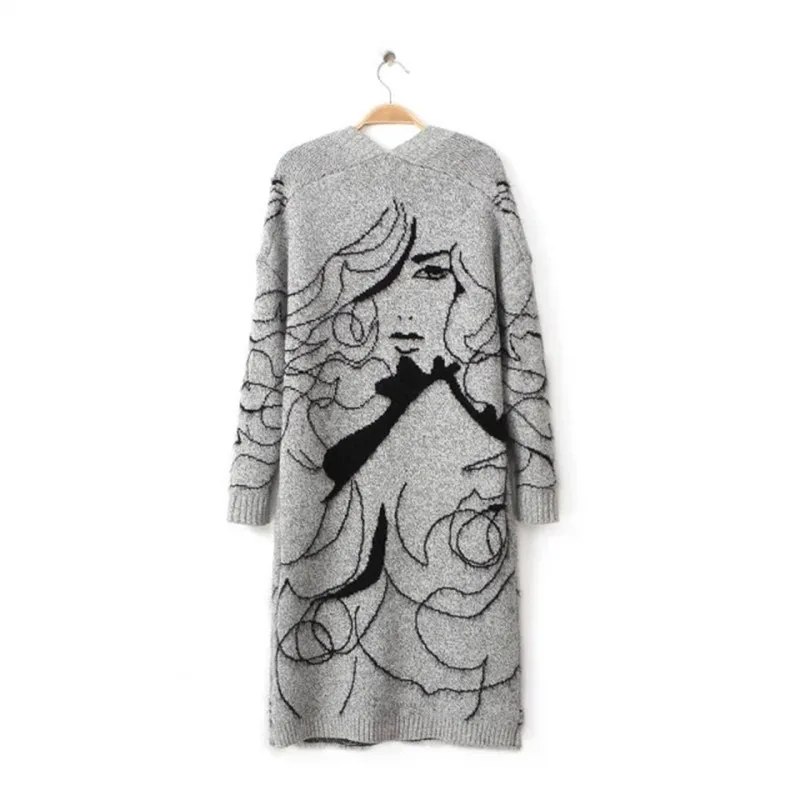 Весенняя Новинка 2020 Женский Длинный трикотажный кардиган с изображением