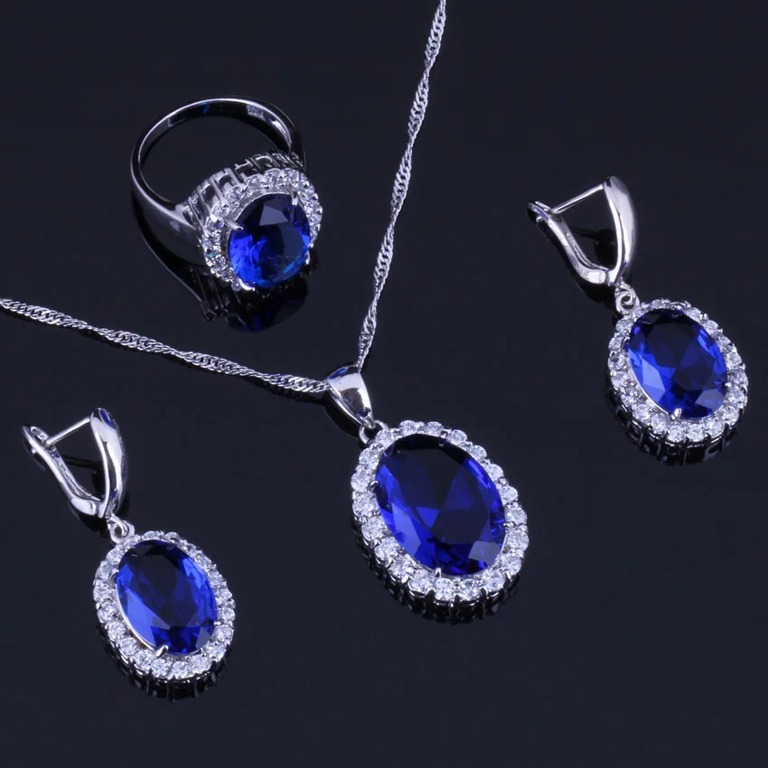 

Perfect Oval Egg Blue Cubic Zirconia White CZ Silver Plated Jewelry Sets Earrings Pendant Chain Ring V0284