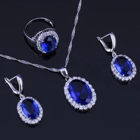 perfect oval egg blue cubic zirconia white cz silver plated jewelry sets earrings pendant chain ring v0284