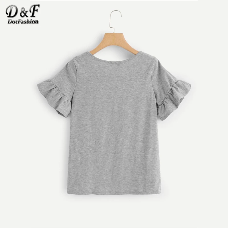 Dotfashion серая Женская Повседневная футболка с рюшами и оборками на рукавах, лето, кавайные Топы с коротким рукавом, корейская модная одежда, футболка
