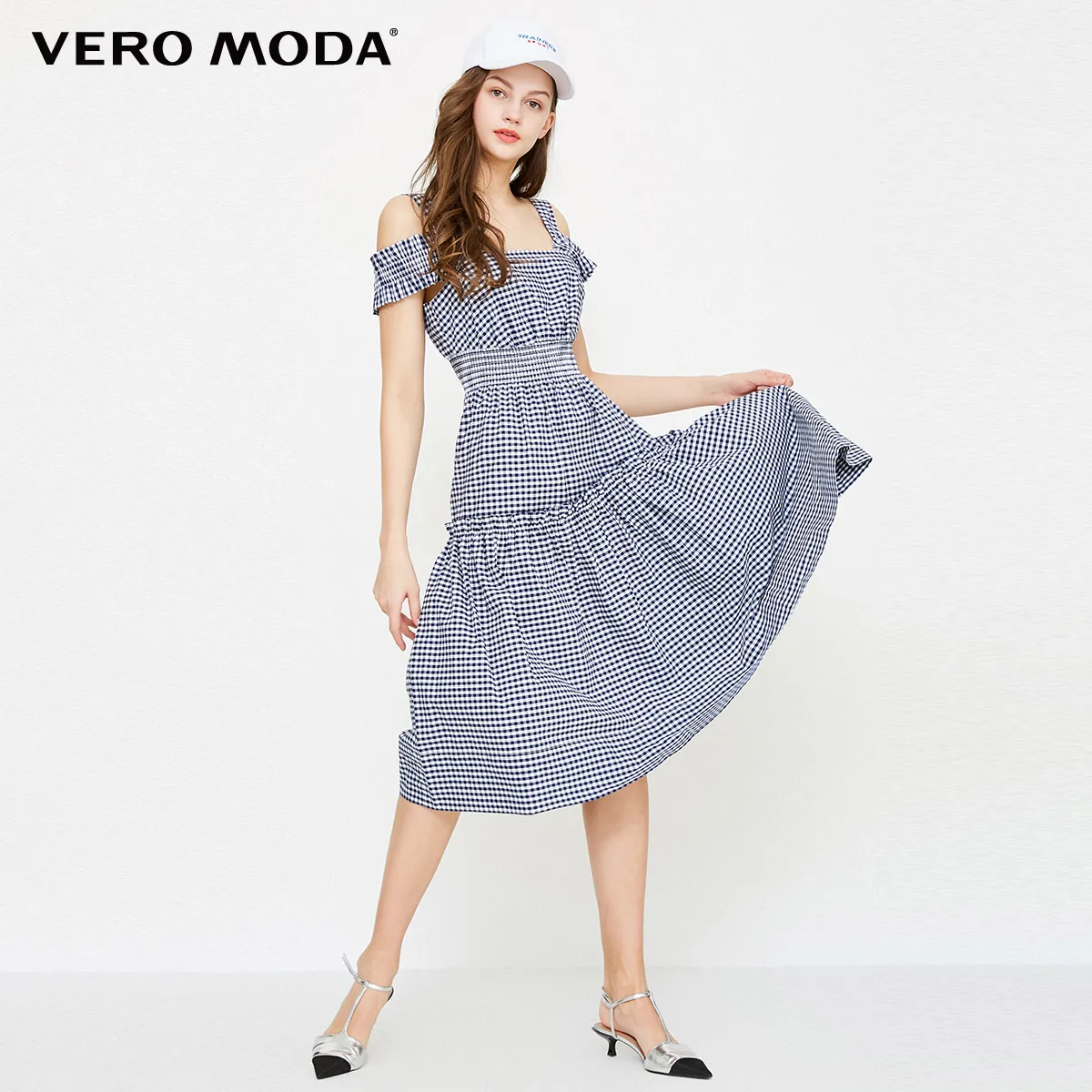 Vero Moda Новое Женское платье в клетку с эластичными лямками и высокой талией из хлопка | 31837A515