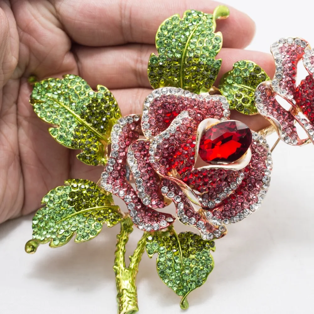 Красивые красные со стразами большой цветок шиповника брошь булавки для женщин