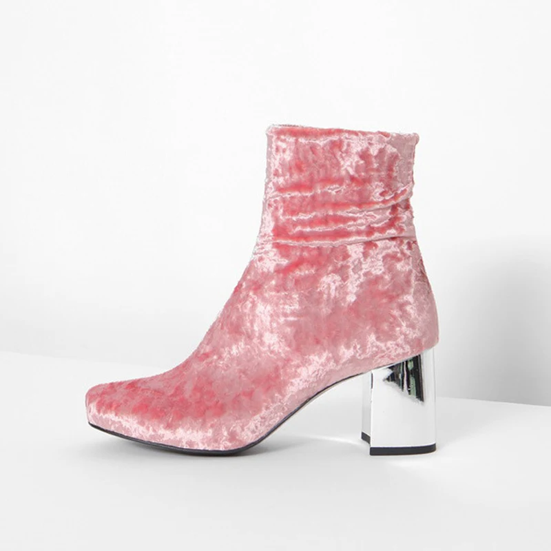 Pink Velvet Boots Teahoo/модные женские ботильоны на массивном каблуке; бархатные ботинки; Ботильоны на молнии с круглым носком; сезон весна-осень; модельные женские туфли - Цвет: Pink Velvet Boots
