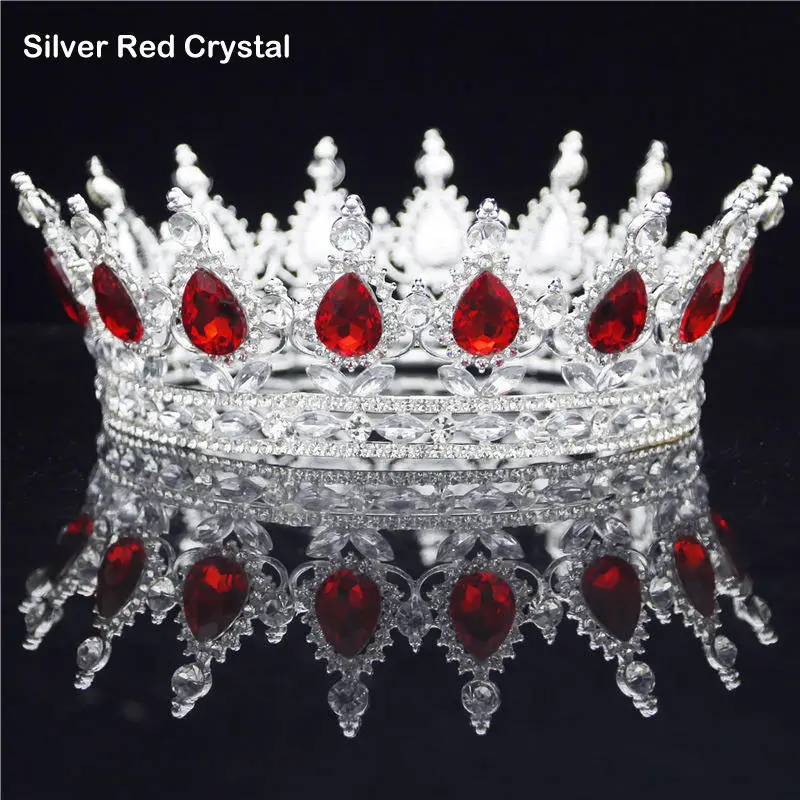 Silver Red Круглая Корона невесты диадема женский головной убор королевская Королева Король диадемы и короны выпускного вечера Пышные свадебные украшения для волос аксессуары - Окраска металла: Silver Red