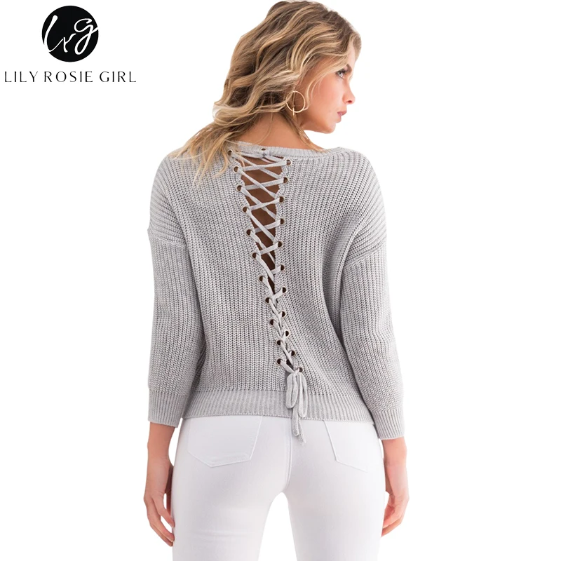 Lily Rosie девушка черный на шнуровке трикотажные пуловеры свитеры для женщин V