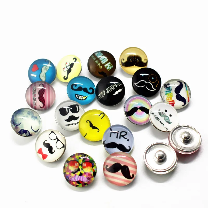 

Hot selling 50pcs/lot round moustache uncle Snap Button Print Glass Snap Charms Fit 18mm DIY Ginger Snap Bracelet Jewelry
