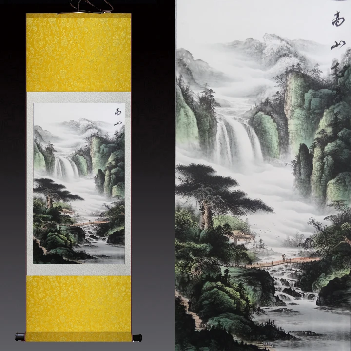 Альпийский водопад Zhaocai пейзаж Висячие свитки каллиграфия шелковая