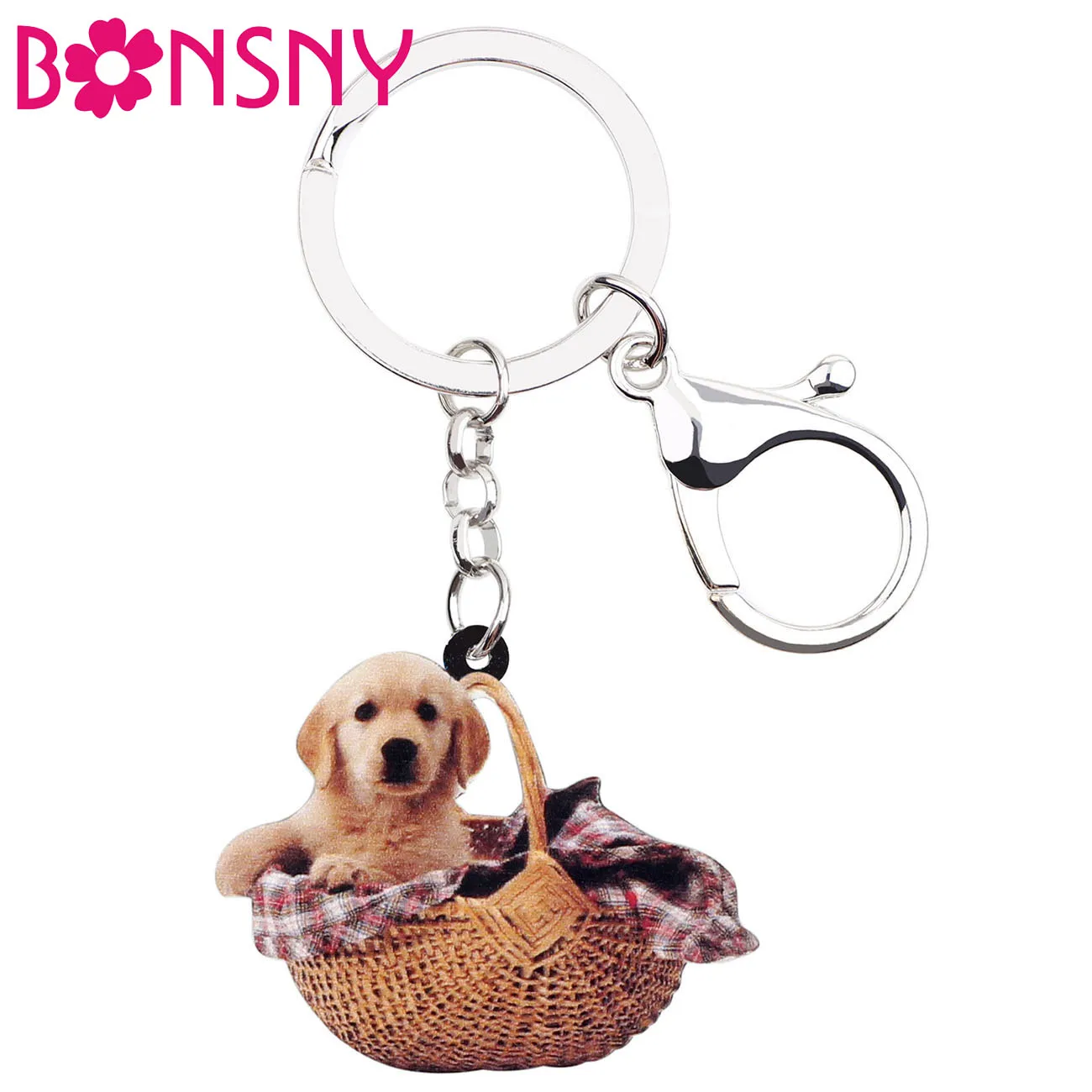 

Bonsny Acrylic Sweet Basket Labrador Dog Key Chain Keychains Rings Trendy Animal Jewelry For Women Girls Bag Car Charms Gift New