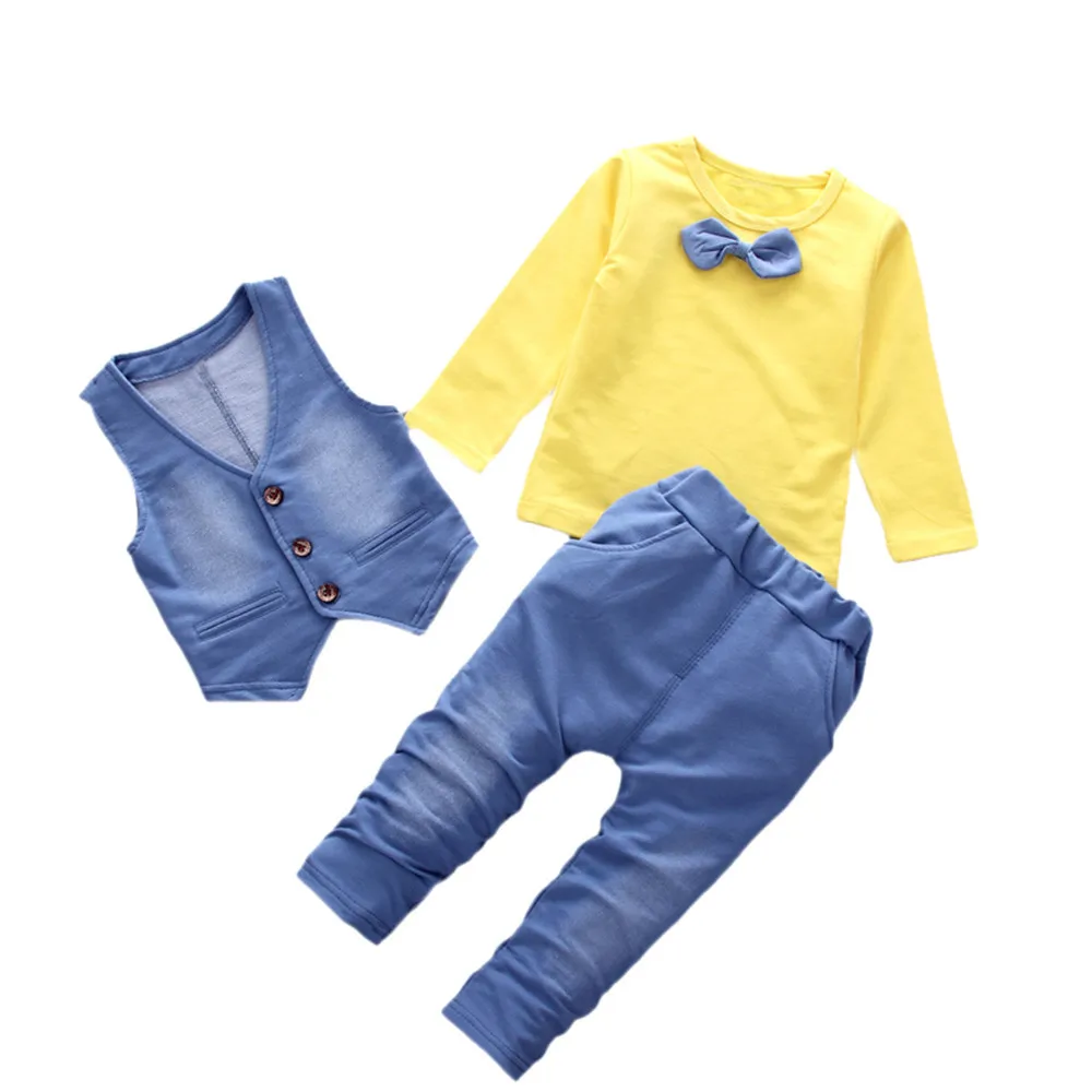 2019 Children's Sets Fashion Baby Clothing Denim Style Long Sleeve Tie T-shirt+Pants+Vest Gentleman Clothes Set dropshipping | Детская