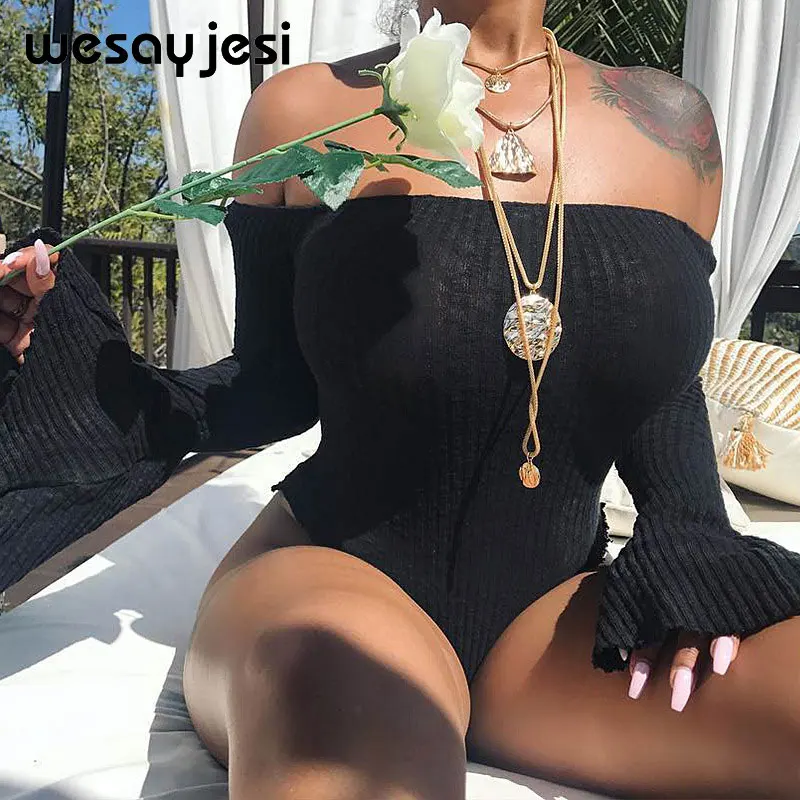 Off Shoulder Ribbed трикотажные Сексуальная боди женский, черный с v-образным вырезом летние тонкий комбинезон Для женщин s комбинезон зимний одноцветное боди