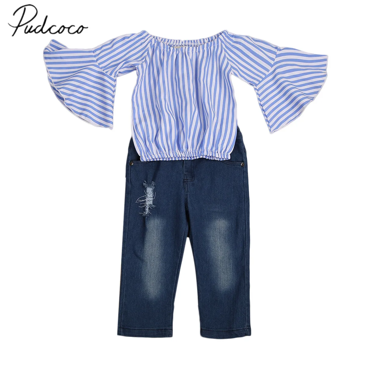 2017 Brand New 2pcs Toddler Infant Kids Baby Girls Outfits Set Striped Top T-shirt Jeans Pants Long Sleeve Autumn Clothes 1-7T | Мать и