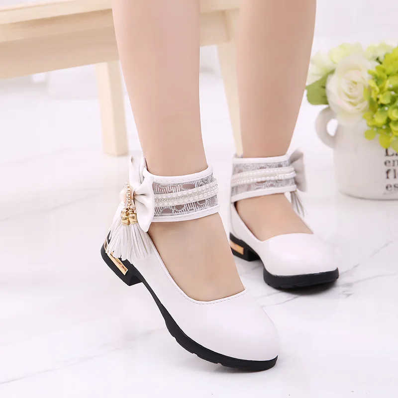 New Girls Shoes With Bow-tie Fashion Pearl Princess Spring Autumn Children High Heels Black White Pink A847 |