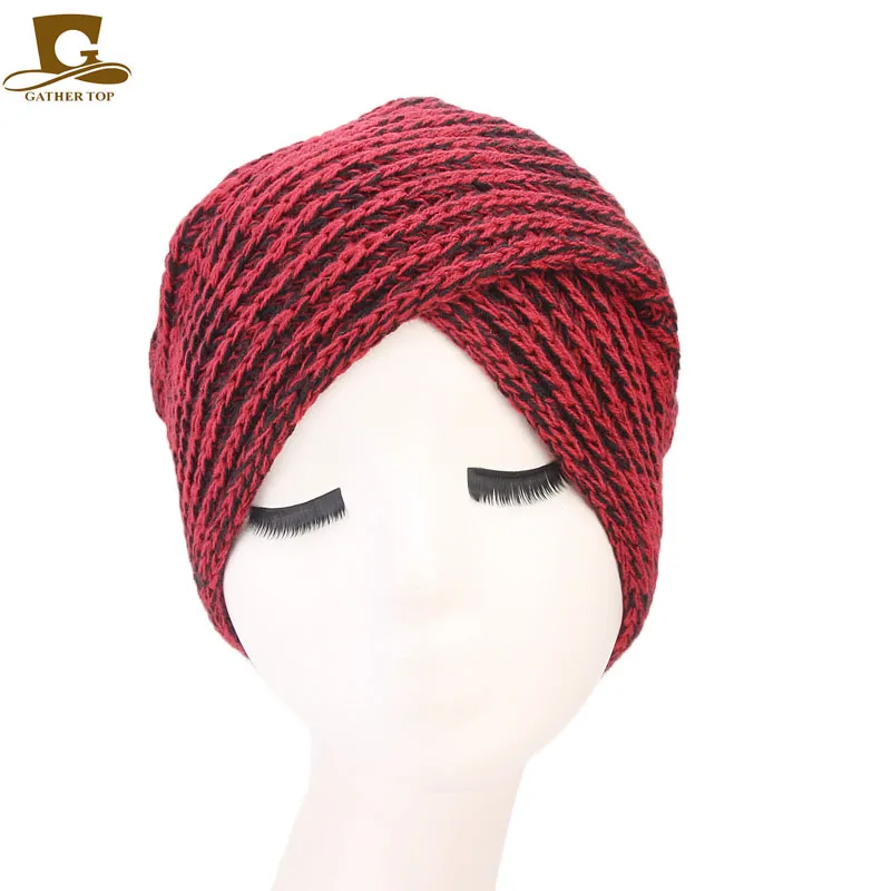 black and red Новинка, зимняя вязаная шерстяная тюрбан, повязка на голову, крученая повязка на голову, шапка, модные, бохо, мягкие аксессуары для волос, тюрбан, одноцветная мусульманская шапка - Цвет: black and red