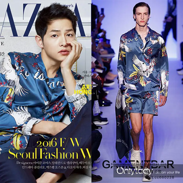 

2016 New Men's clothing summer Male silk High quality male shirt bazaar print shirt Stage Singer costumes