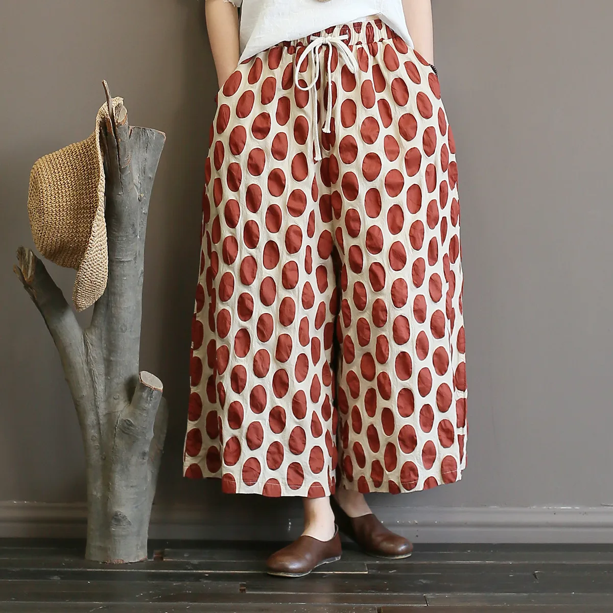 Women Wide Leg Pants Elastic Waist Trouser Autumn New Plus Size Clothes Black Red Dot Cotton Quality | Тематическая одежда и