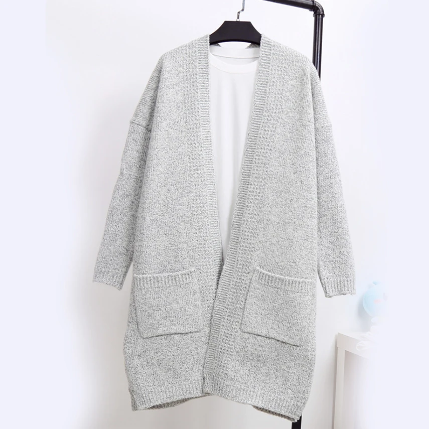 2016 Autumn Women Long Cardigan Sweater Ladies Loose Knitted Cardigans Coat Korean Wild Pocket Poncho Gray Knitwear |