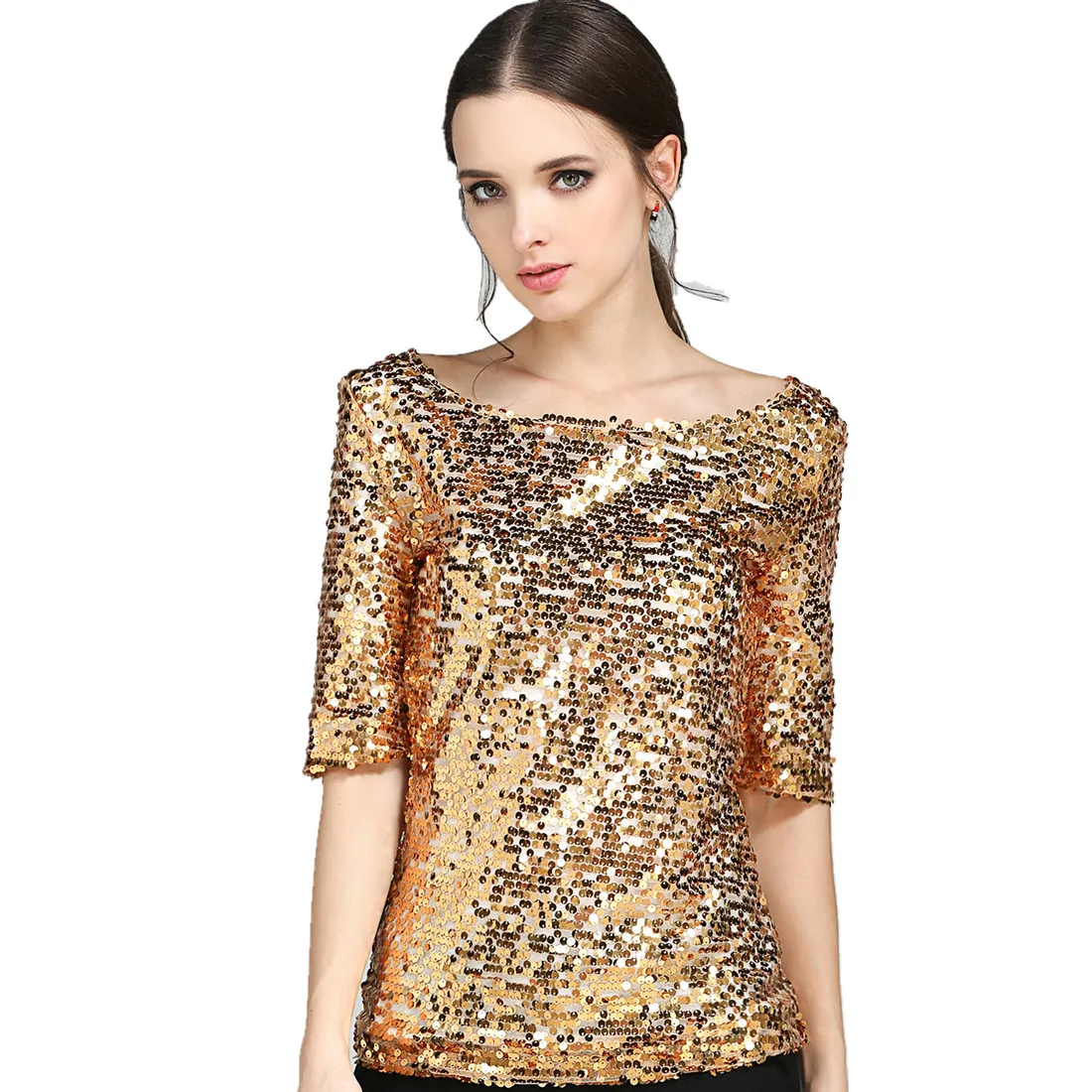 

New 2020 Fashion Women Sexy Loose Off Shoulder Sequin Glitter t shirts Summer Casual Shirts Streetwear Party Tops S-5XL
