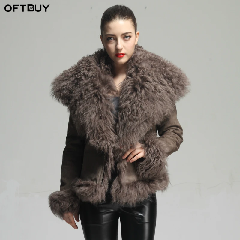 Женская Шуба OFTBUY уличная шуба из натуральной кожи с воротником овчины | одежда