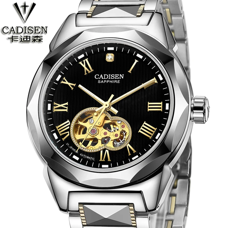 New CADISEN Relojes Watches Top Branded Mens Tungsten steel Skeleton Mechanical Watch Fashion Waterproof 50m Wristwatch | Наручные часы