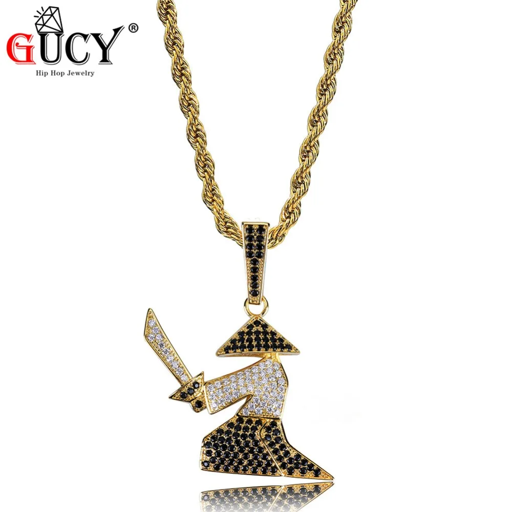 

GUCY Hip Hop Copper Warrior Gold Silver Color All Iced Out Micro Pave AAA+ CZ Ninja Pendant Necklace Charm Jewelry For Men Women