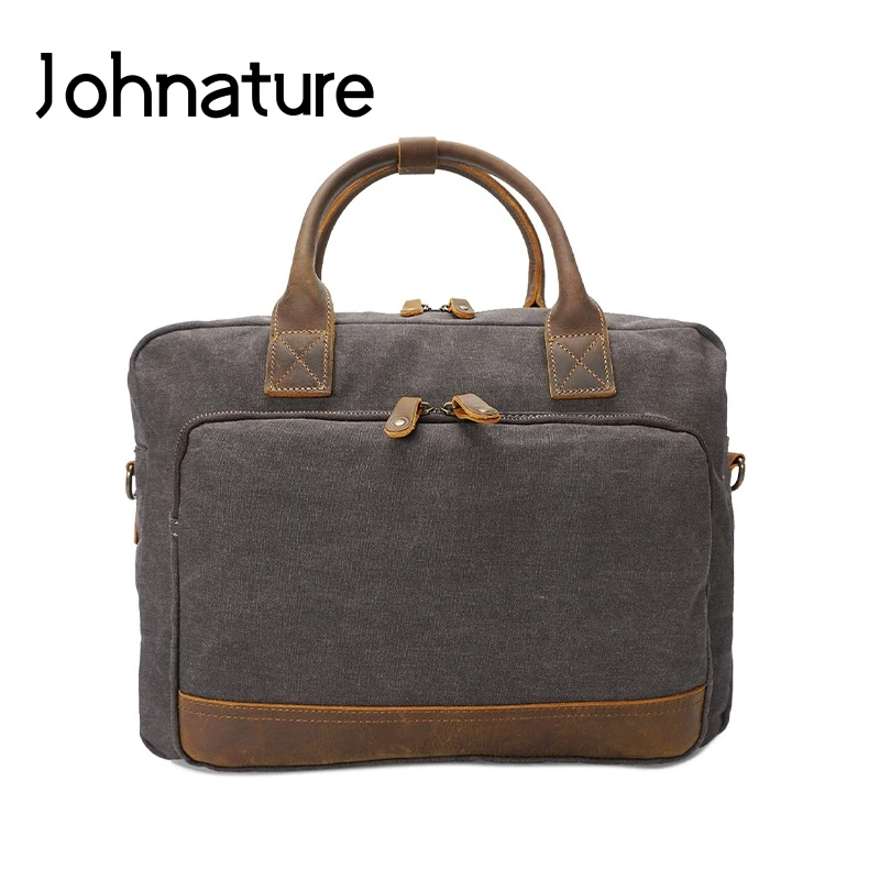 

Johnature 2021 New Men Canvas Handbag Briefcase Vintage Solid Shoulder & Crossbody Laptops Bags Multifunction Mens Business Bag