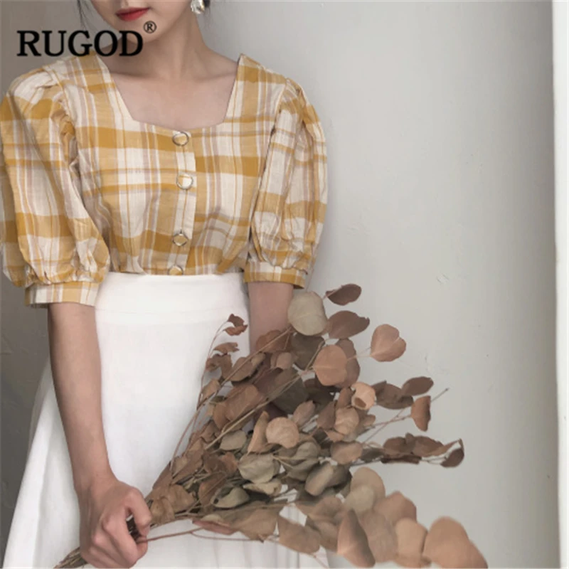 Женская рубашка в клетку RUGOD летняя однобортная приталенная блузка с квадратным