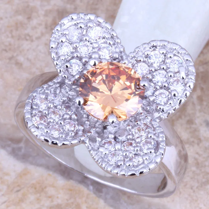 Женское кольцо цвета шампанского Morganite белое посеребренное с кубическим