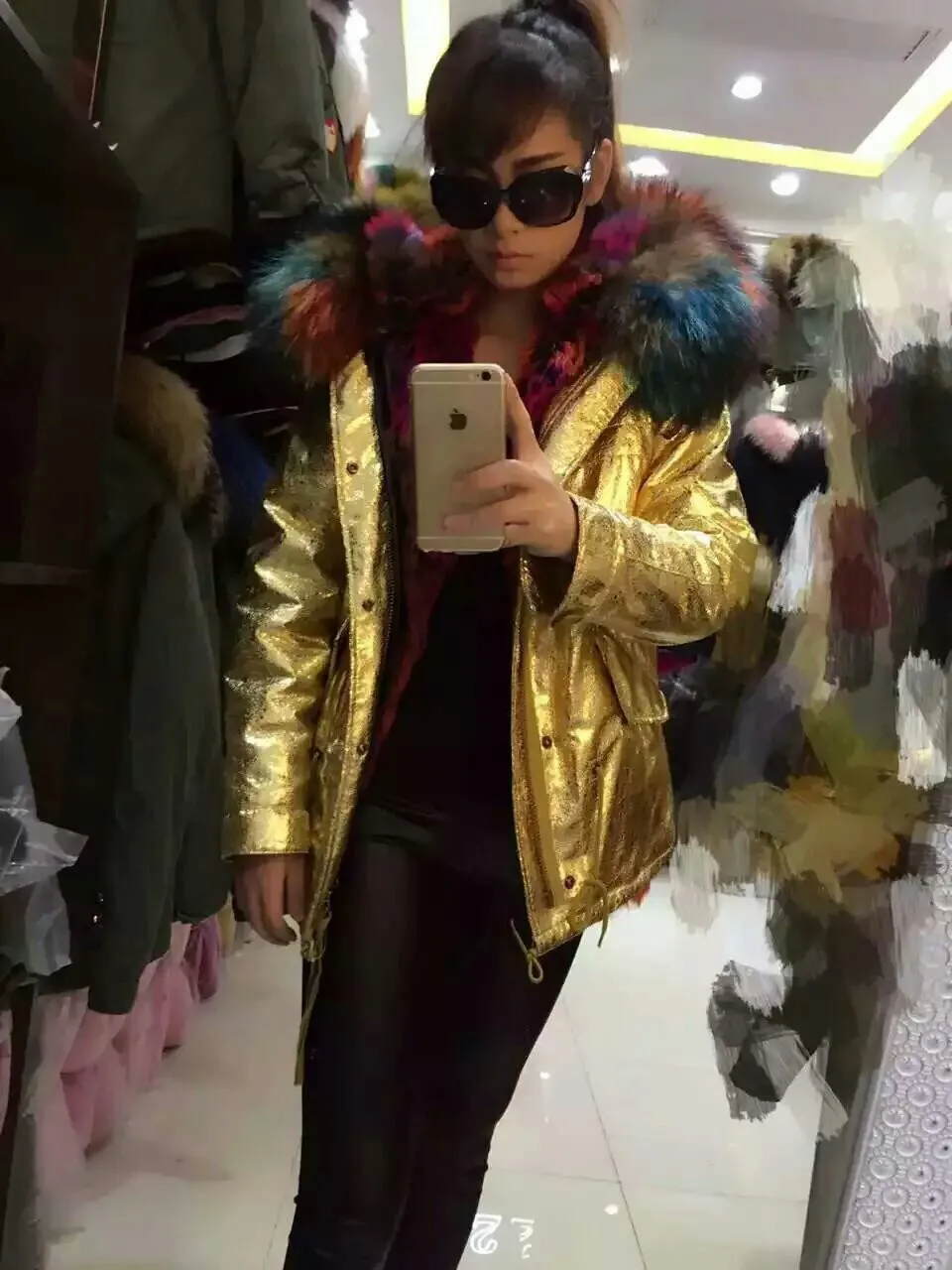 New arrival design Gold foil Leather multicolor Fur parka women winter Coat Plus size XS-4XL