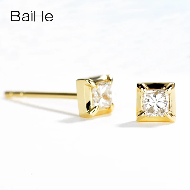 BAIHE Твердые 14 к желтое золото 0.20ct Принцесса Форма I-J/SI настоящие натуральные бриллианты Свадебные трендовые ювелирные изделия серьги-гвоздики