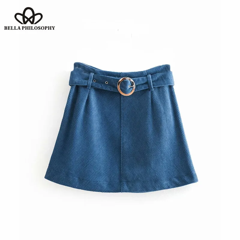 Bella Philosophy 2018 autumn corduroy mini skirt with belt faldas mujer high street office ladies side zipper slim wear | Женская одежда