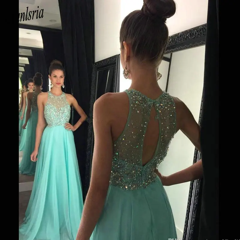

Mint Sleeveless Jewel Neck A Line Chiffon Prom Dresses 2020 Crystal Beaded Sexy Open Back Light Yellow Evening Dresses
