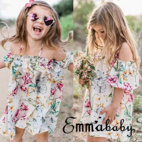 New Style Kid Baby Girls Floral Dress Boho Off Shoulder Short Sleeve Princess Girl Child Summer Holiday Beach Sundress Clothes | Детская