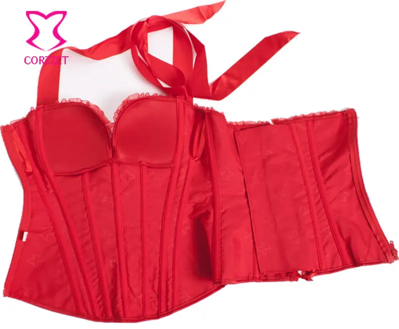 Burlesque Halter красный атласный корсет Overbust Женский 6XL сексуальные корсеты и