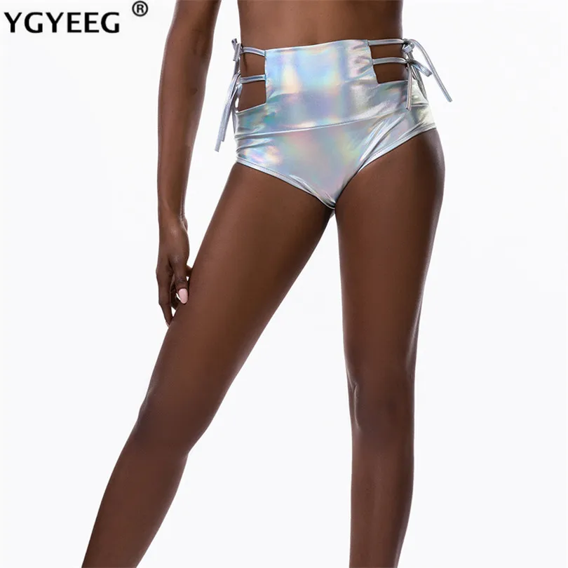 

Шорты YGYEEG женские с завышенной талией, блестящие бандажные короткие пикантные для фитнеса в стиле панк-рок, танцев с вырезами, одежда для фитнеса