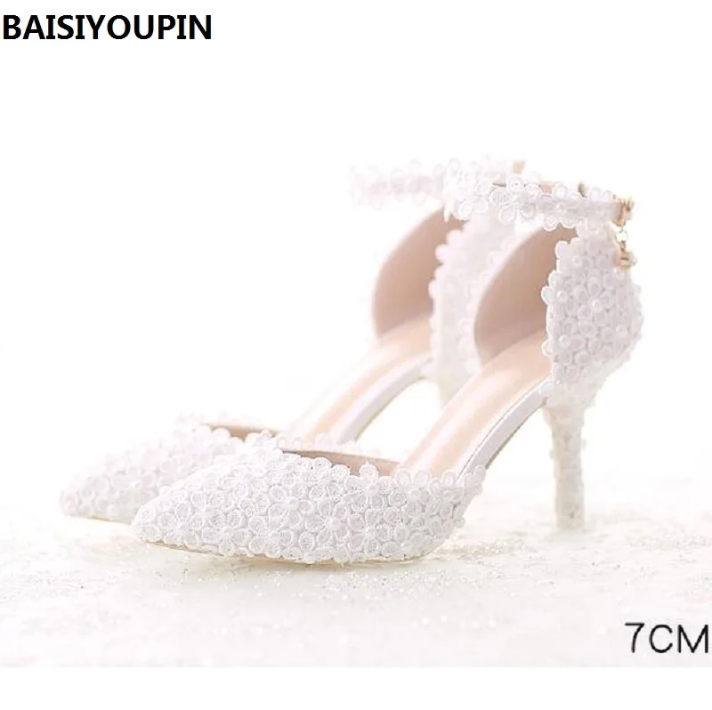 2017 The New Pearl White Lace Wedding Shoes with Fine Pointed Bride Dress High 7cm Two Type Women's Shoe Pumps | Обувь