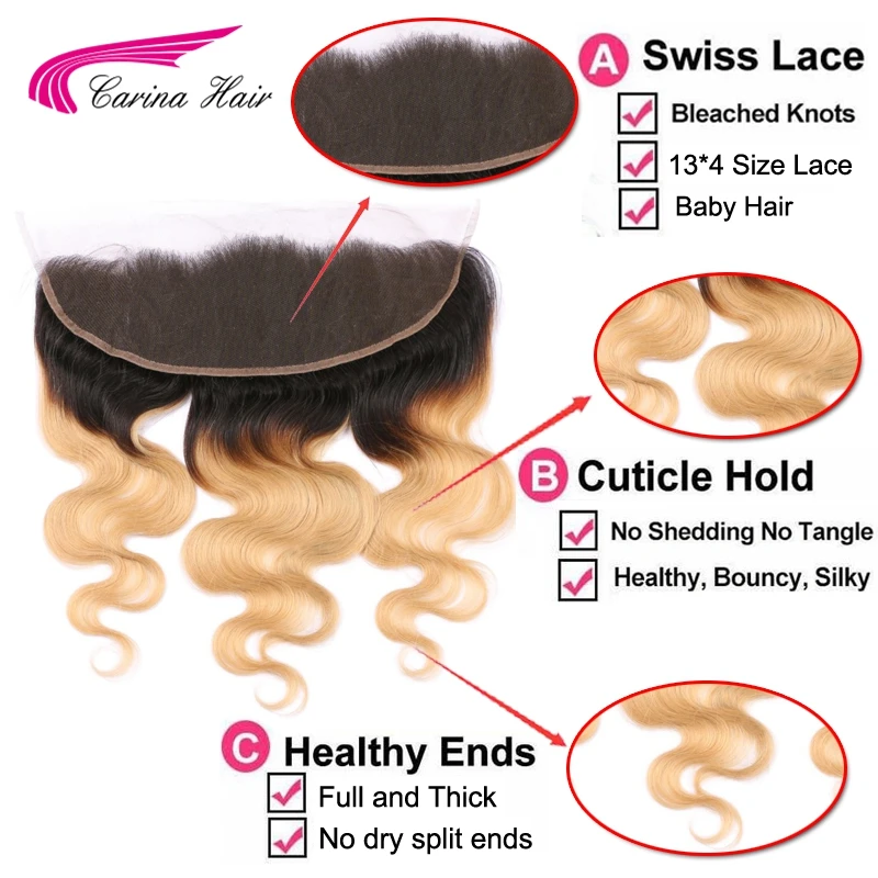 Carina Hair Ombre Color T1B/27# 13*4 Ear to Lace Frontal Closure Swiss Bleached Knots Brazilian Remy Free Shipping | Шиньоны и парики