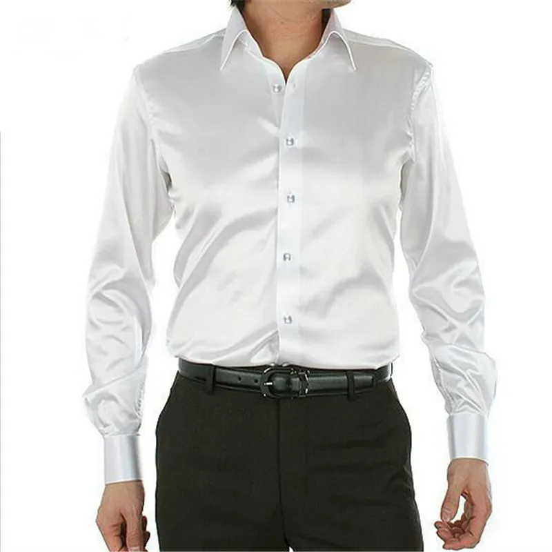 Модное Сверкающее шелковое атласное платье рубашка роскошные шелковые мужские