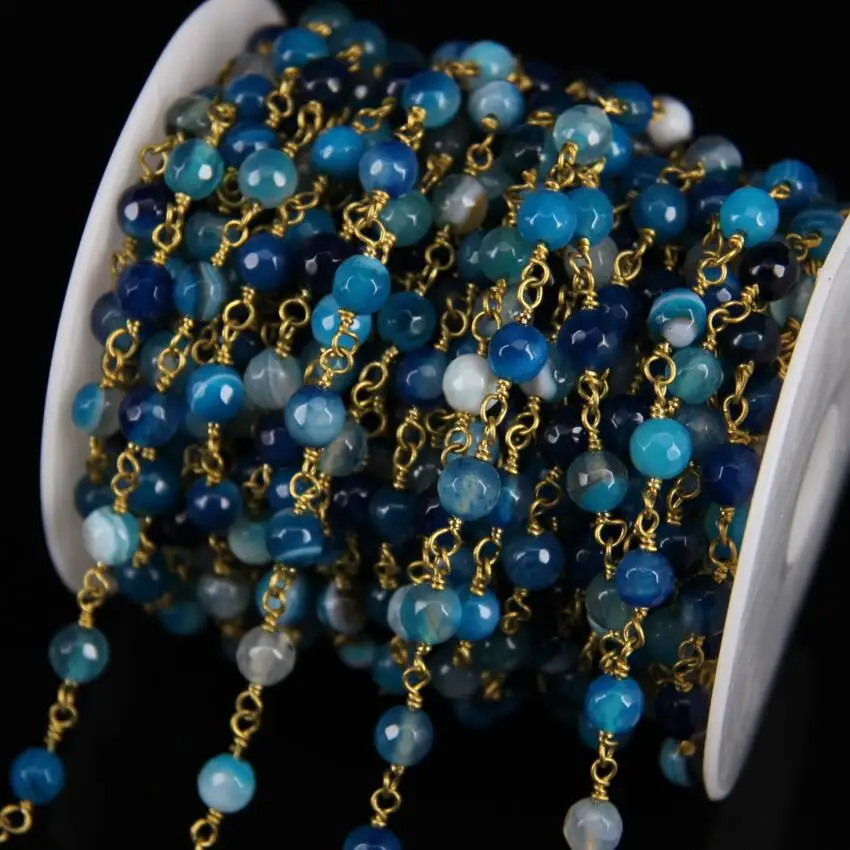 

6mm,Natural Agates Faceted Round bead Copper Brass Wire Wrapped Chain,Raw Blue Agates Gems Stone Rosary Chain