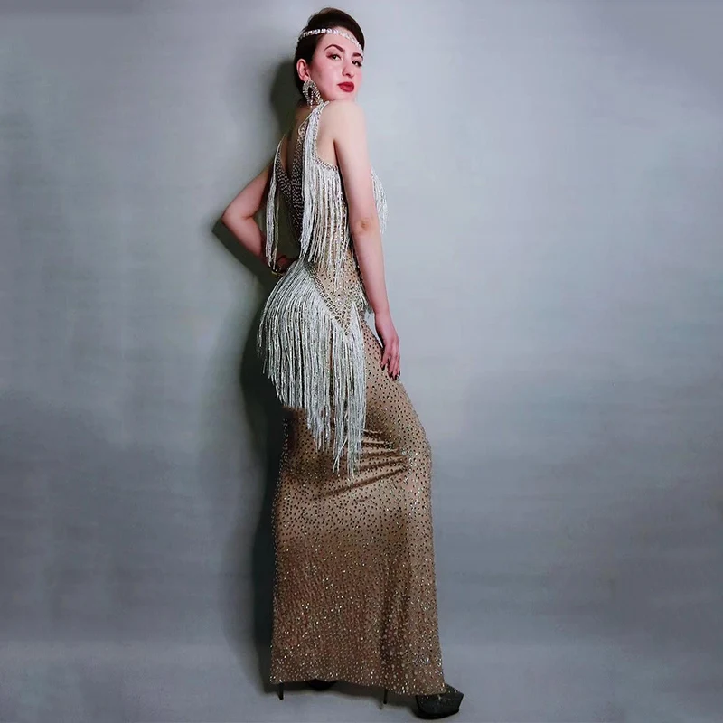 Сценический костюм Блестящие стразы Бахрома Платье без рукавов Длинные платья с