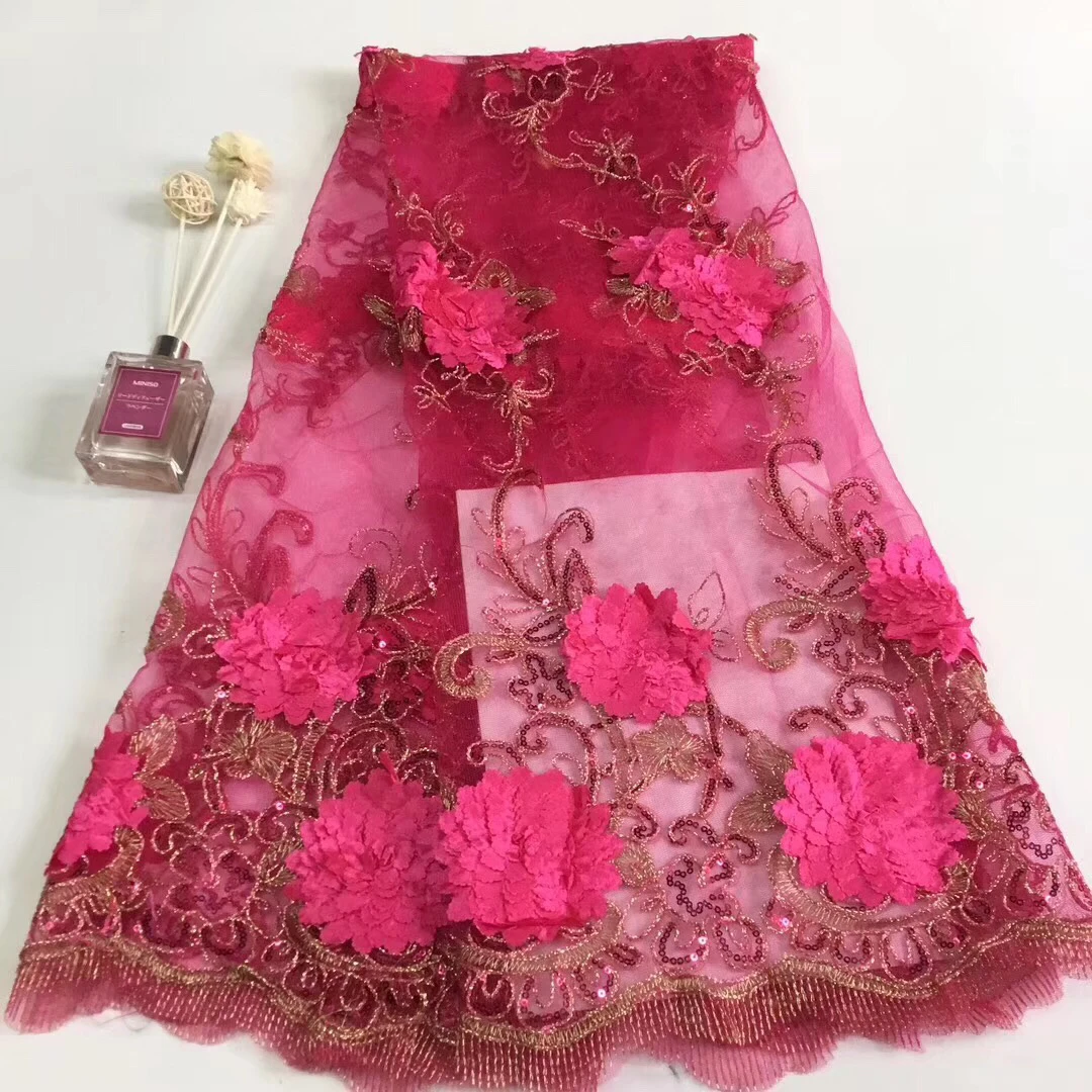 

African lace fabric 2019 high quality lace 3D flower lace fabric beautiful applique sequin lace French wedding T3114